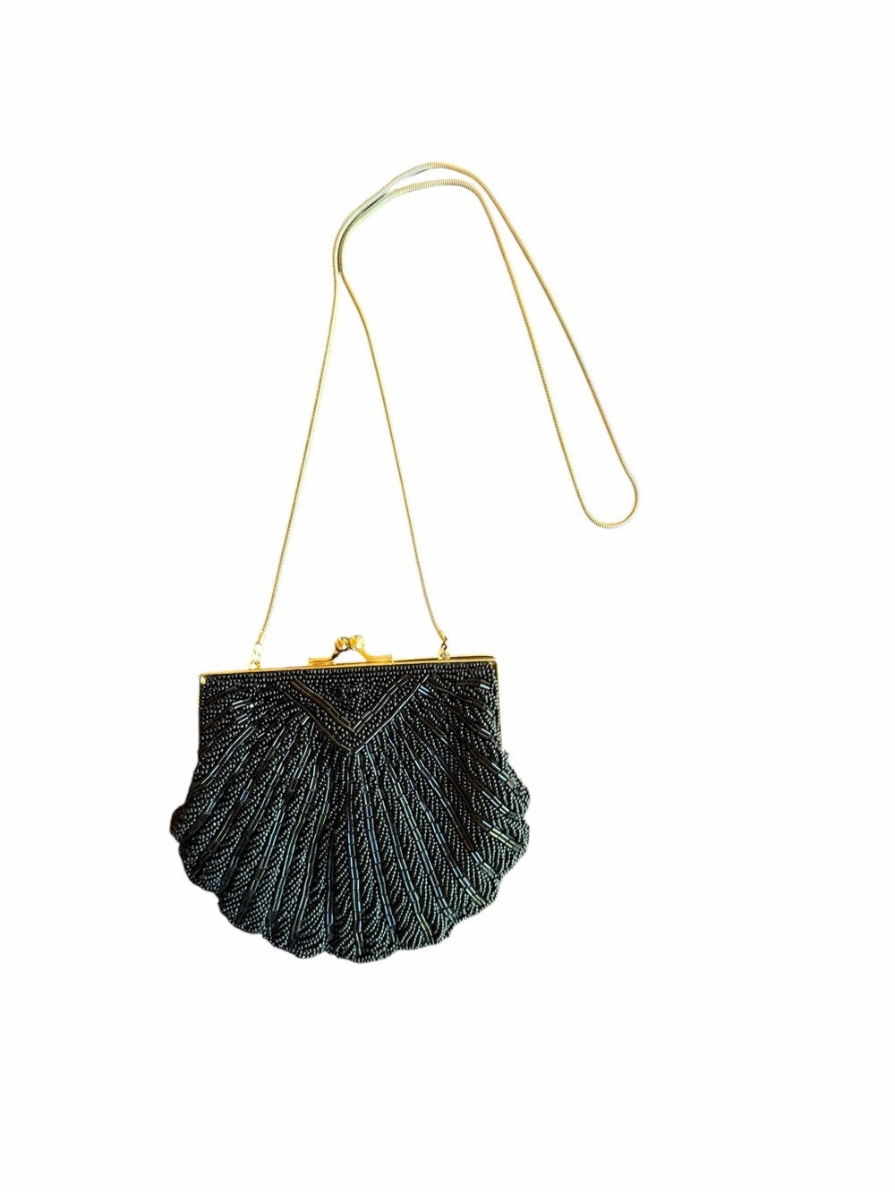 Deadstock w/o Tag Black Beaded Clamshell Evening Clutch